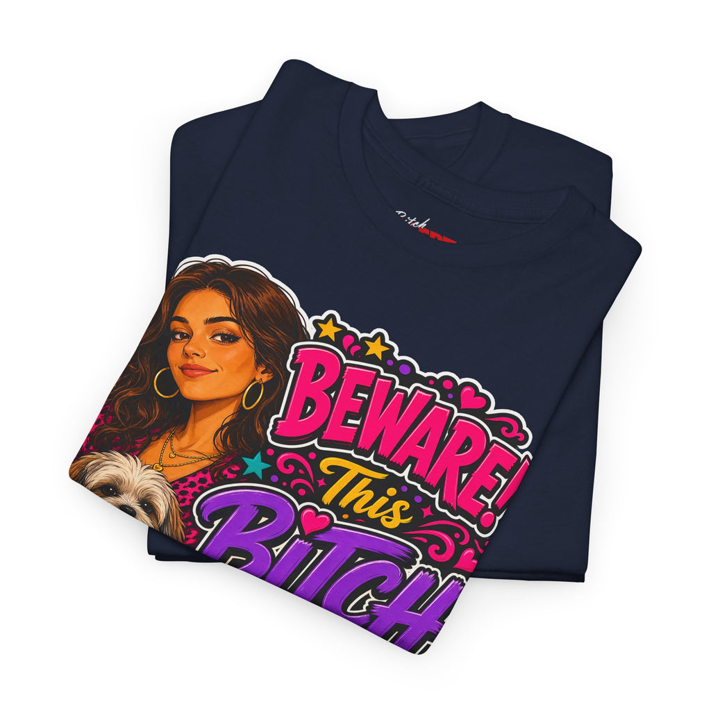 "Beware! This Bitch Bites" Colorful Dog & Woman Graphic Tee