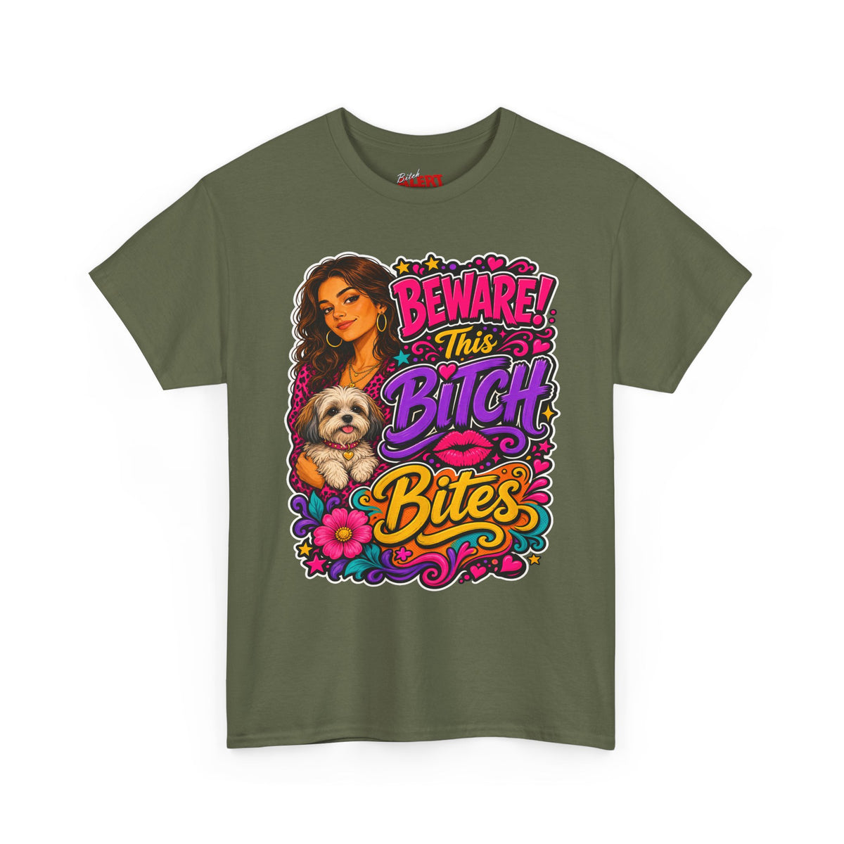 "Beware! This Bitch Bites" Colorful Dog & Woman Graphic Tee