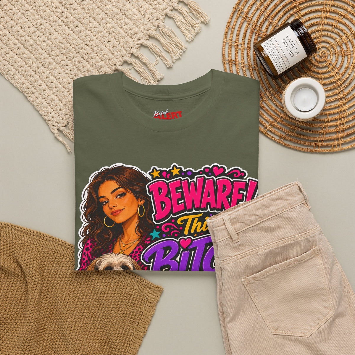 "Beware! This Bitch Bites" Colorful Dog & Woman Graphic Tee