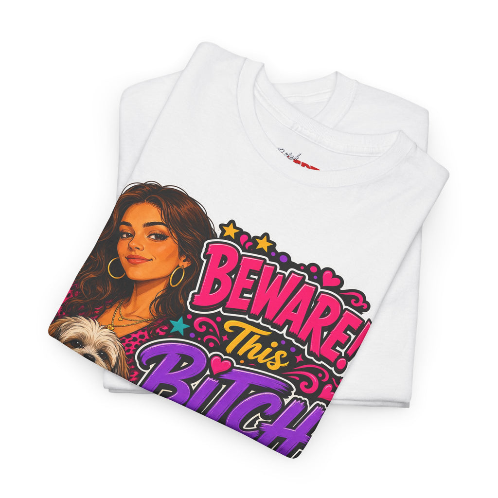 "Beware! This Bitch Bites" Colorful Dog & Woman Graphic Tee