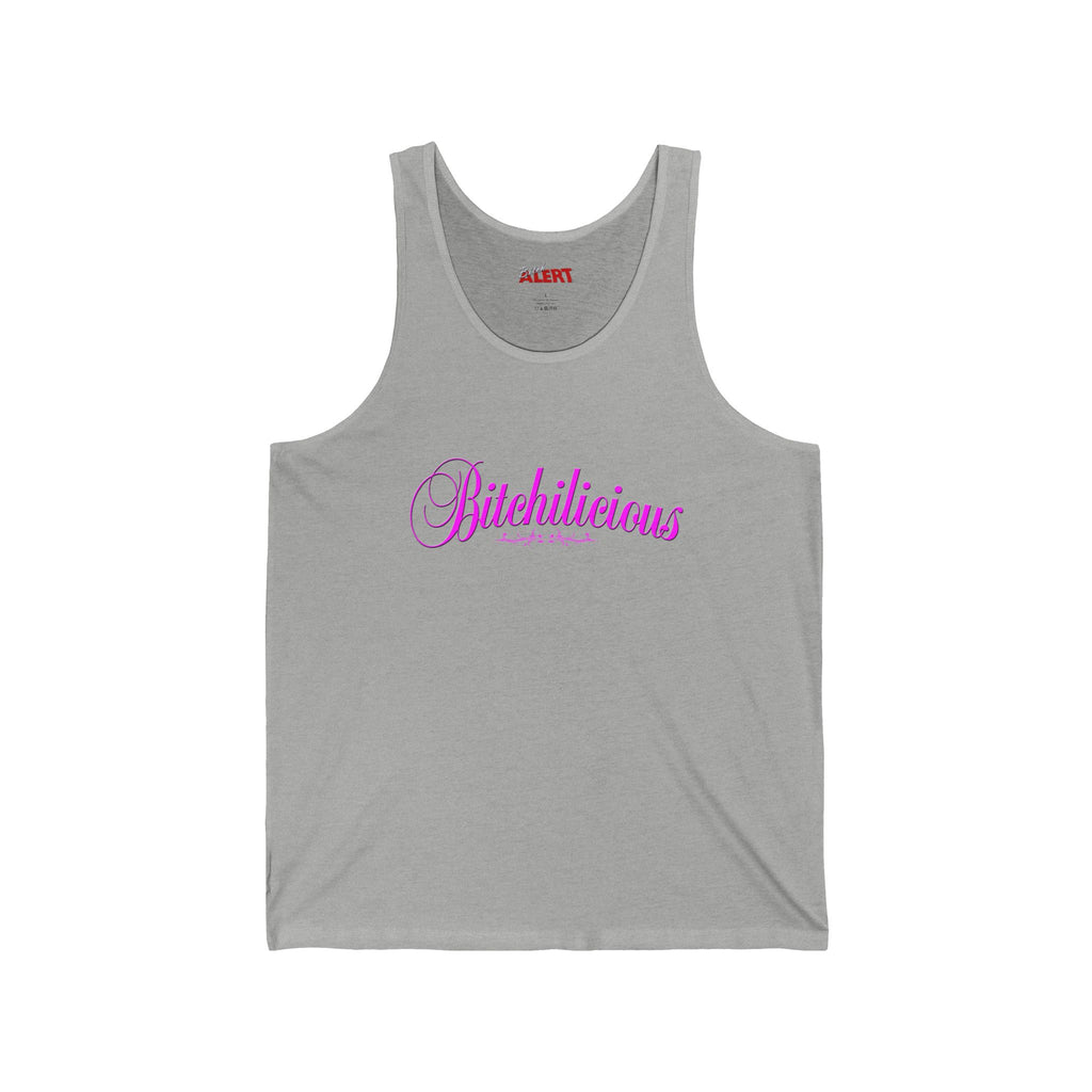 Bitchilicious Script Tank Top — Pink Cursive Graphic Feminine Tee