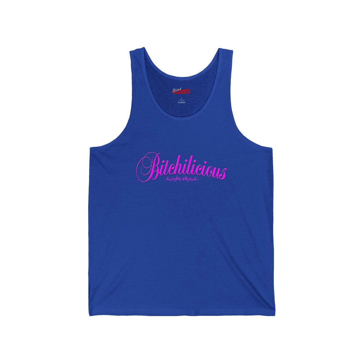 Bitchilicious Script Tank Top — Pink Cursive Graphic Feminine Tee
