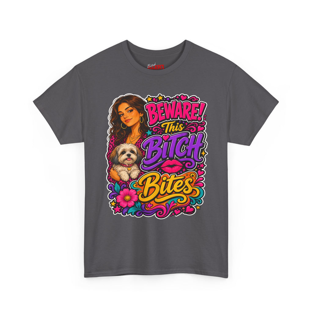 "Beware! This Bitch Bites" Colorful Dog & Woman Graphic Tee
