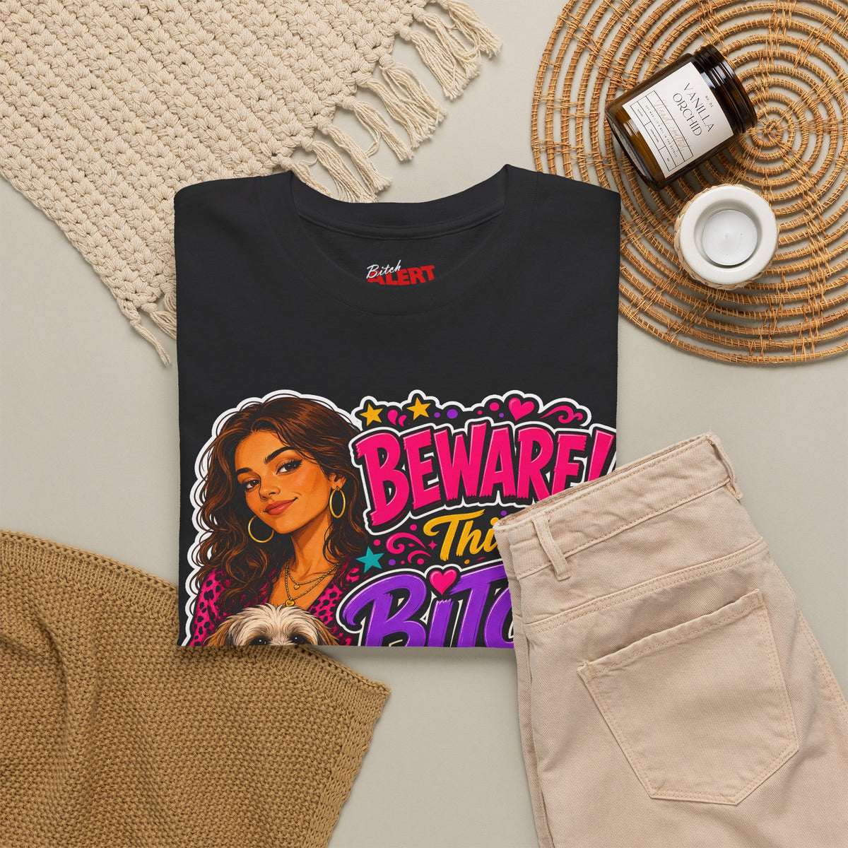 "Beware! This Bitch Bites" Colorful Dog & Woman Graphic Tee