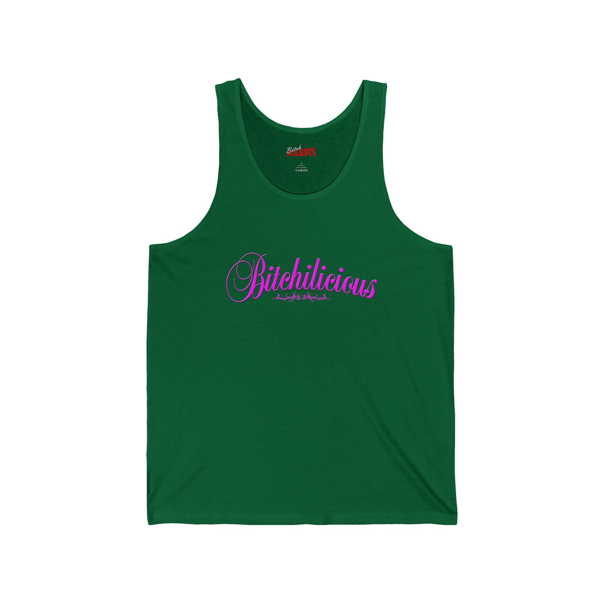 Bitchilicious Script Tank Top — Pink Cursive Graphic Feminine Tee