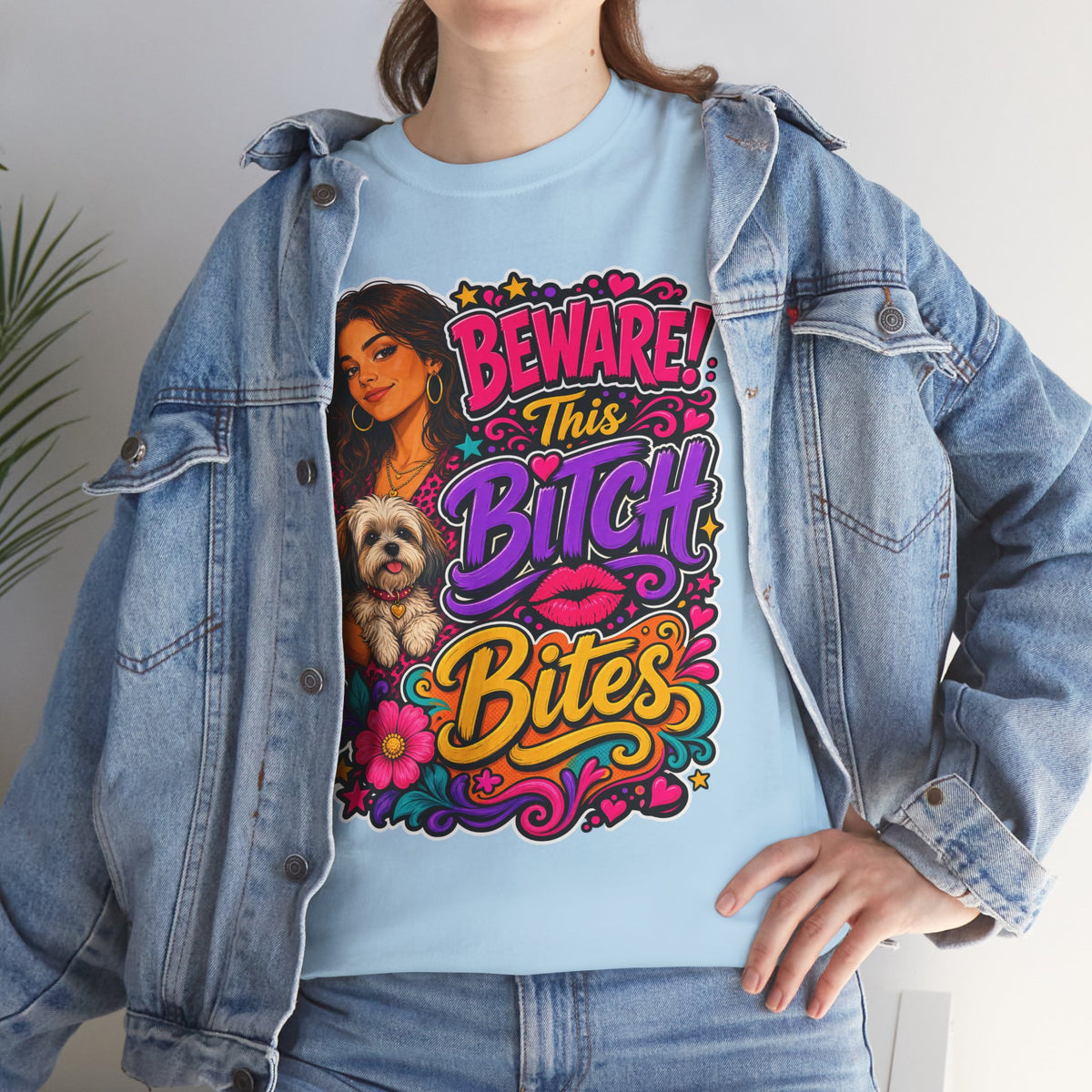 "Beware! This Bitch Bites" Colorful Dog & Woman Graphic Tee
