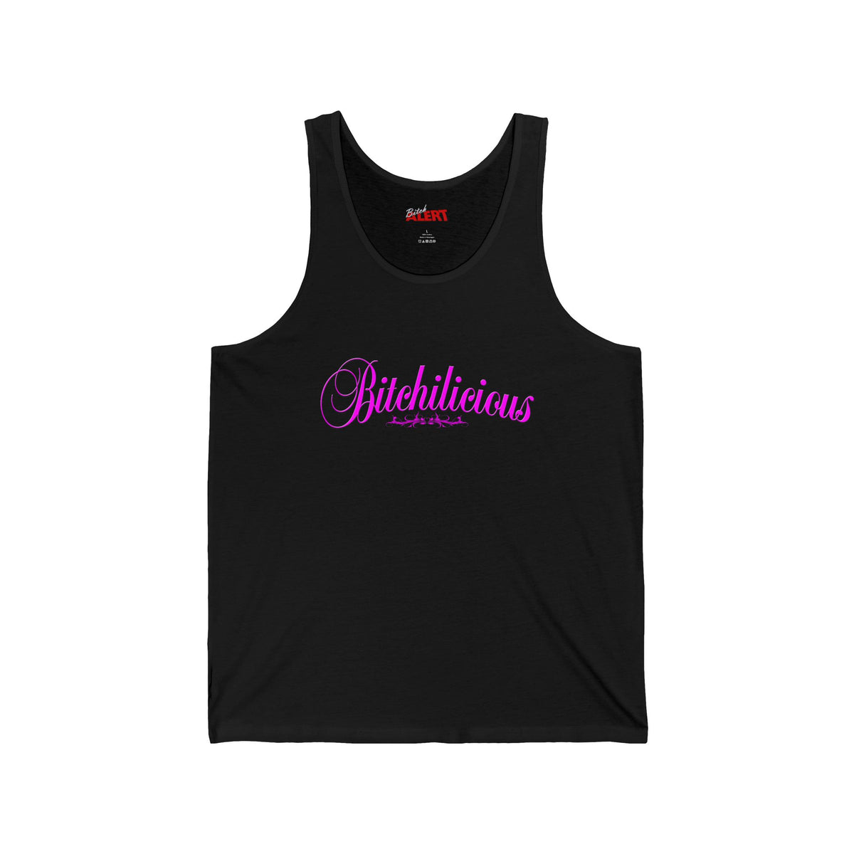 Bitchilicious Script Tank Top — Pink Cursive Graphic Feminine Tee