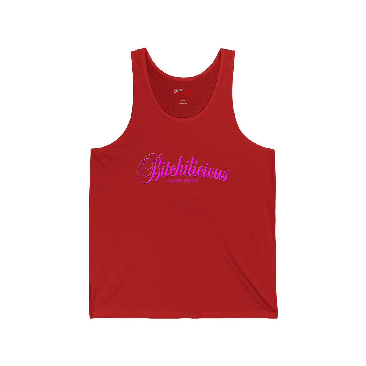 Bitchilicious Script Tank Top — Pink Cursive Graphic Feminine Tee