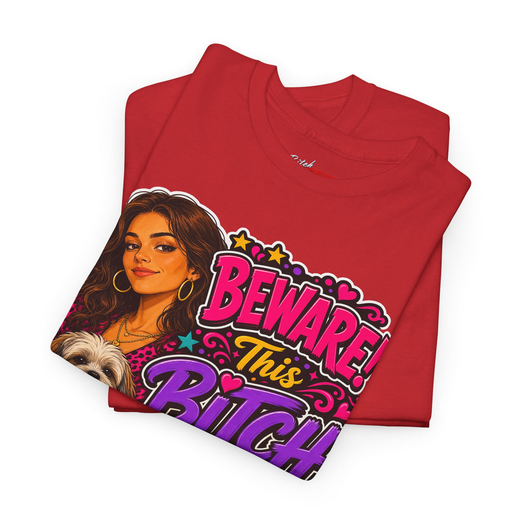 "Beware! This Bitch Bites" Colorful Dog & Woman Graphic Tee