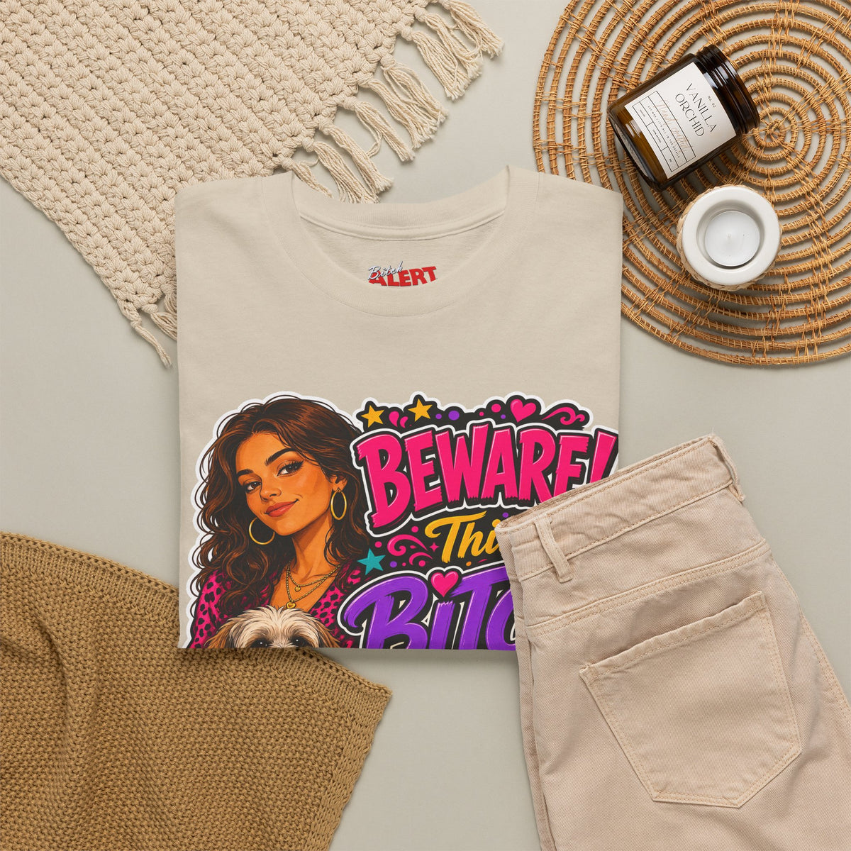 "Beware! This Bitch Bites" Colorful Dog & Woman Graphic Tee