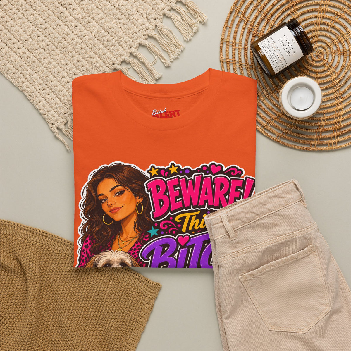 "Beware! This Bitch Bites" Colorful Dog & Woman Graphic Tee