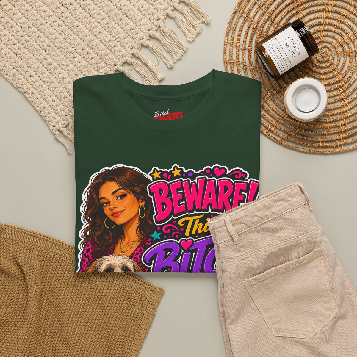 "Beware! This Bitch Bites" Colorful Dog & Woman Graphic Tee