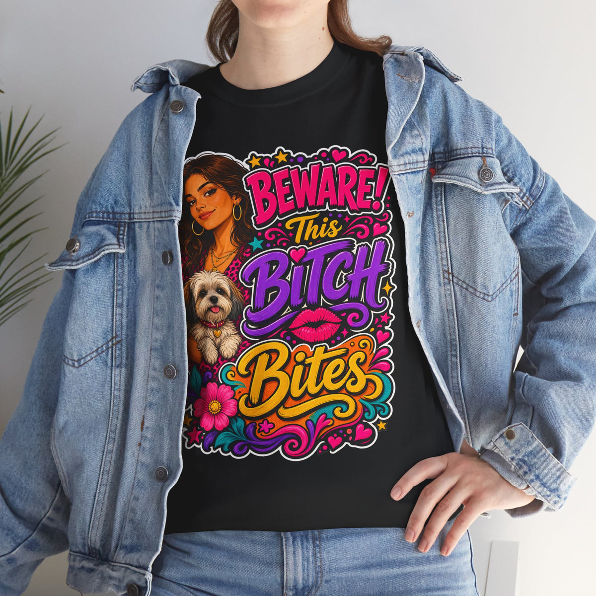 "Beware! This Bitch Bites" Colorful Dog & Woman Graphic Tee