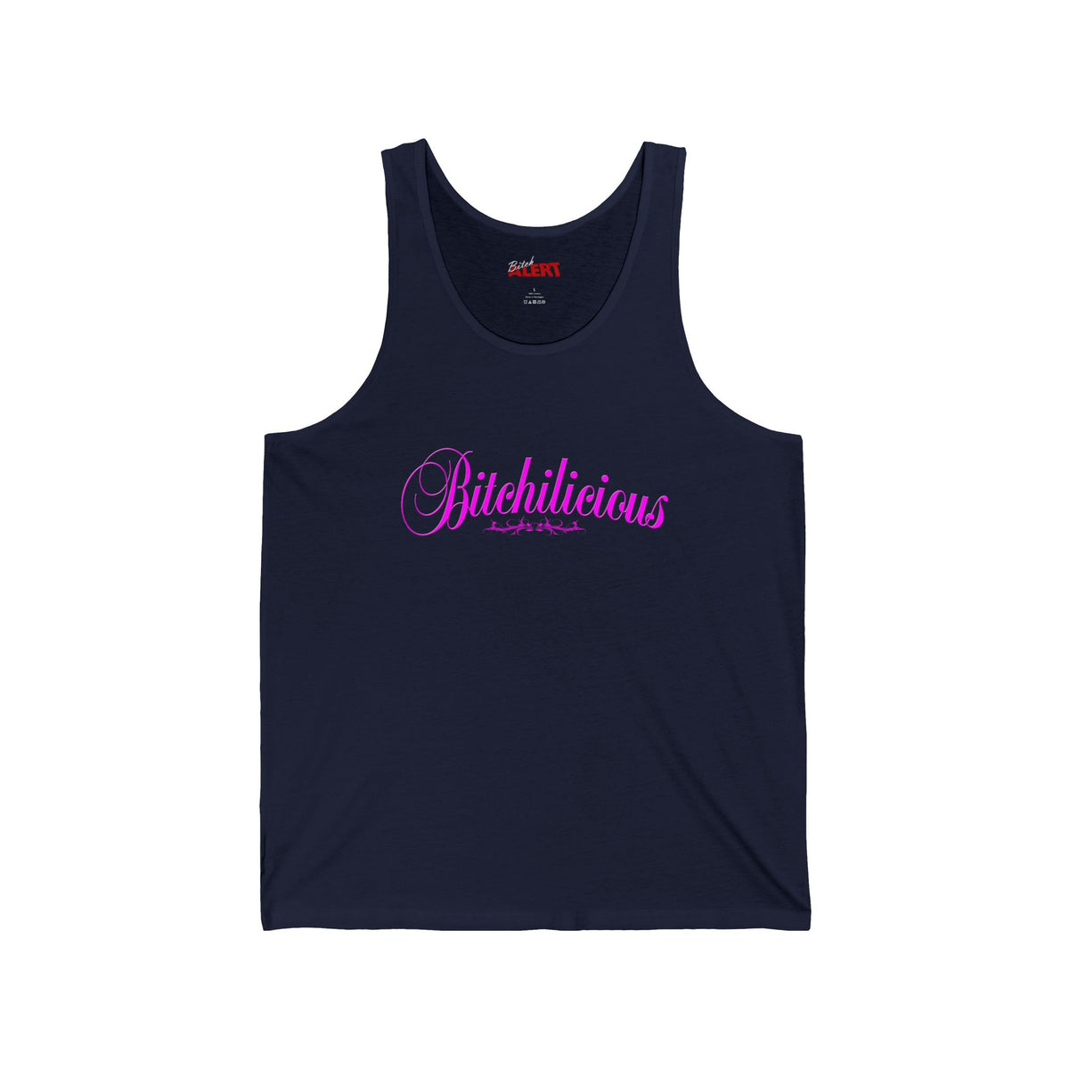 Bitchilicious Script Tank Top — Pink Cursive Graphic Feminine Tee
