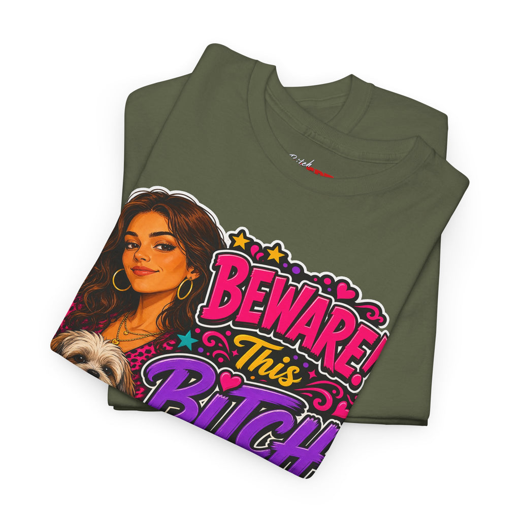 "Beware! This Bitch Bites" Colorful Dog & Woman Graphic Tee