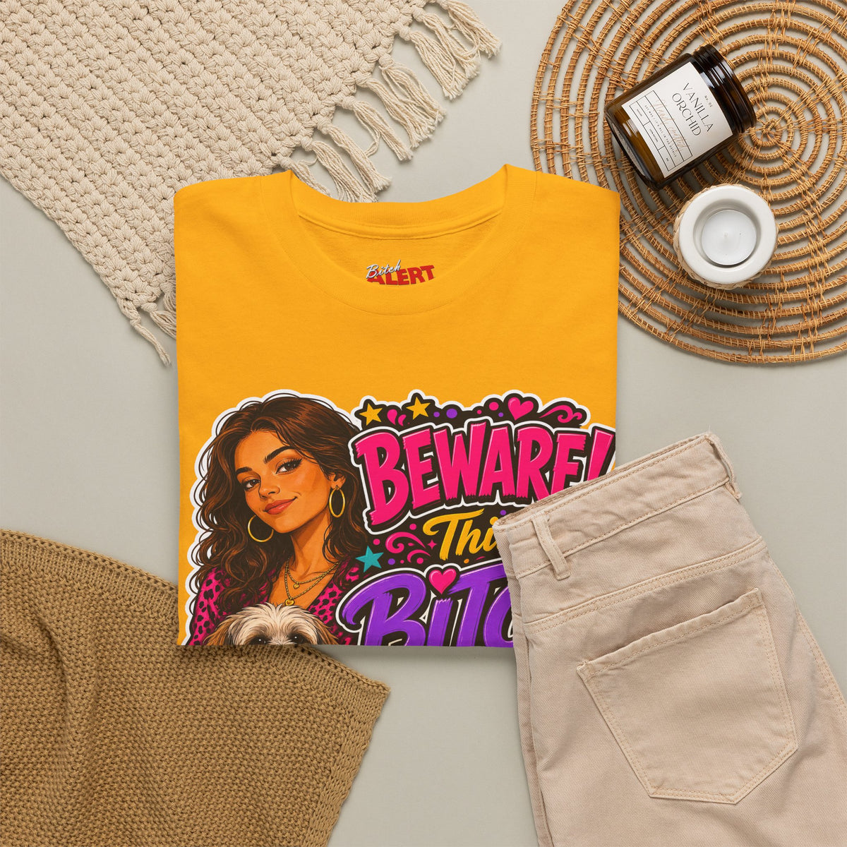 "Beware! This Bitch Bites" Colorful Dog & Woman Graphic Tee