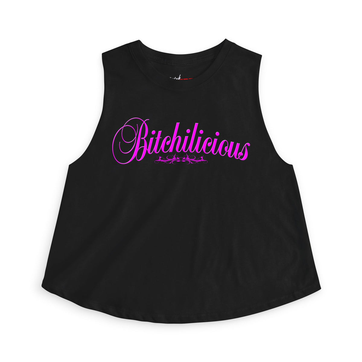 Bitchilicious Crop Top — Pink Script Graphic Women's Tank
