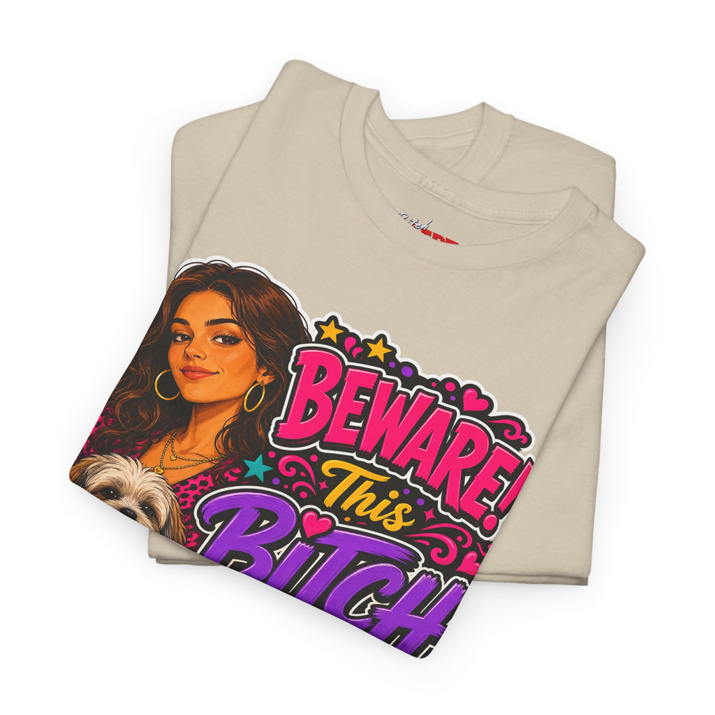 "Beware! This Bitch Bites" Colorful Dog & Woman Graphic Tee