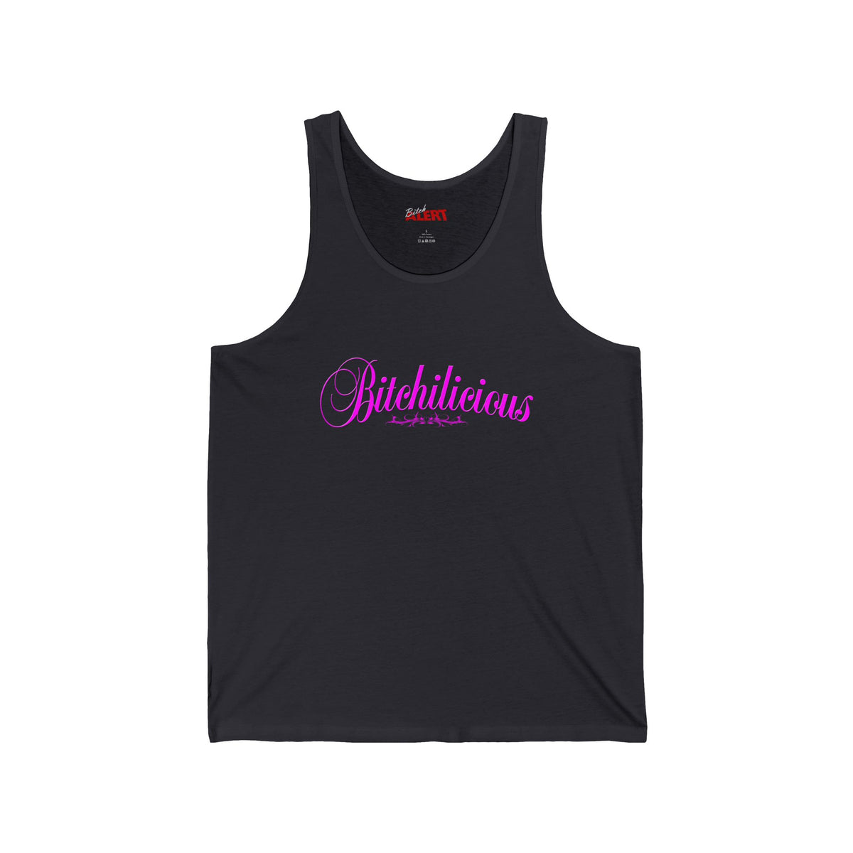 Bitchilicious Script Tank Top — Pink Cursive Graphic Feminine Tee