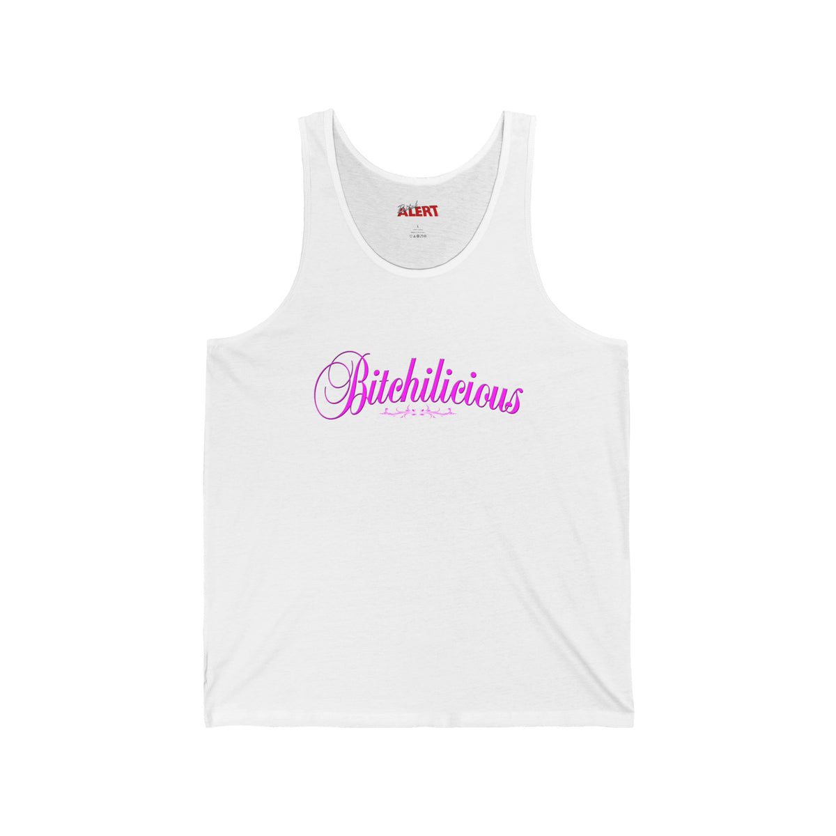 Bitchilicious Script Tank Top — Pink Cursive Graphic Feminine Tee