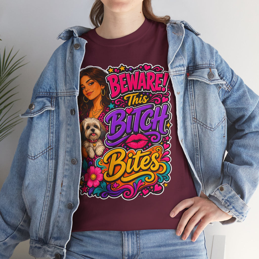 "Beware! This Bitch Bites" Colorful Dog & Woman Graphic Tee