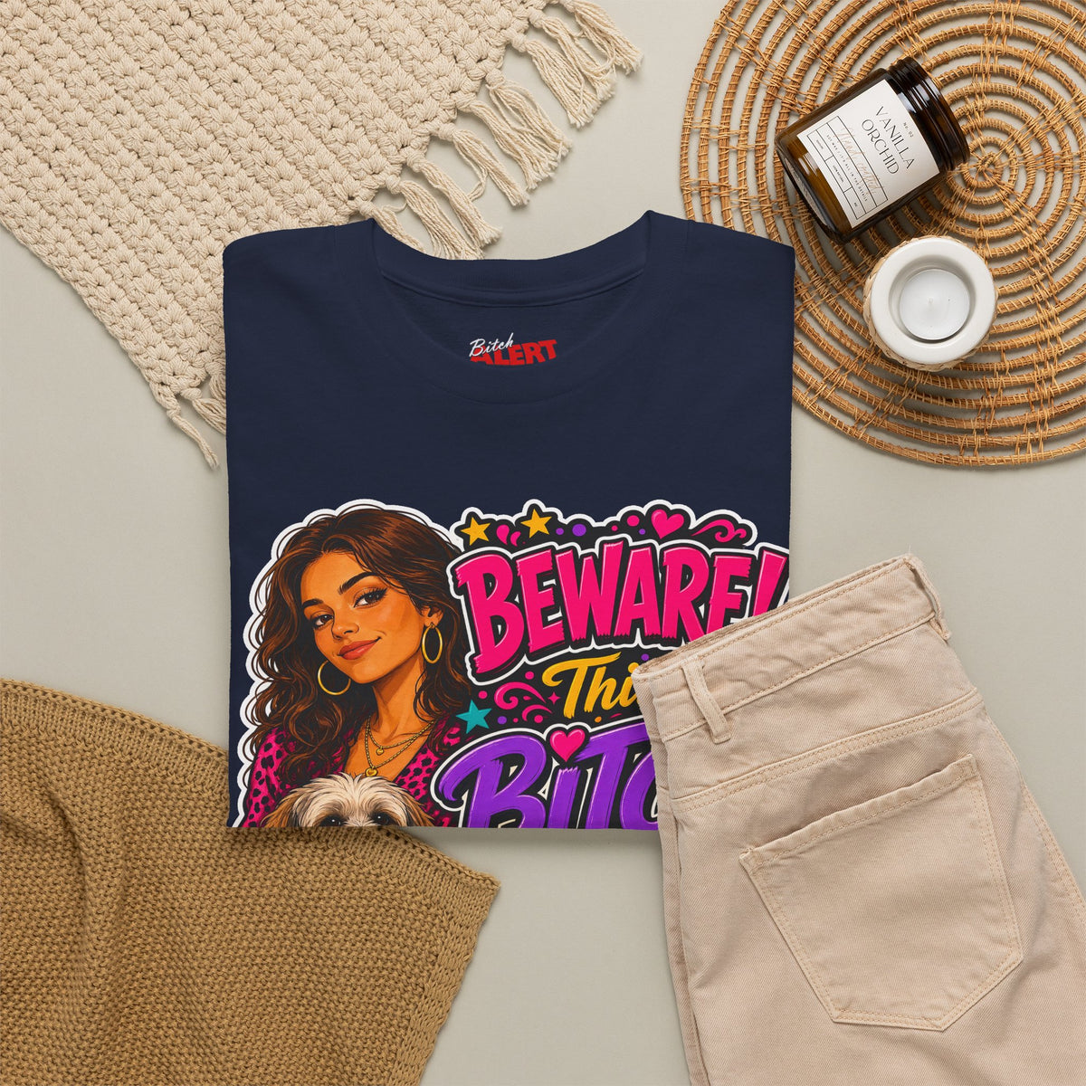 "Beware! This Bitch Bites" Colorful Dog & Woman Graphic Tee