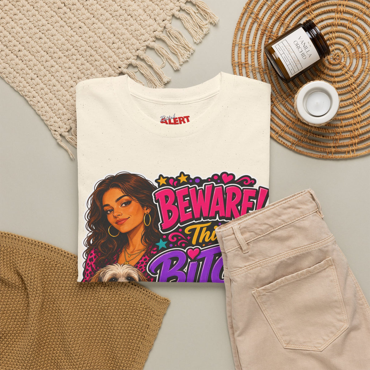"Beware! This Bitch Bites" Colorful Dog & Woman Graphic Tee