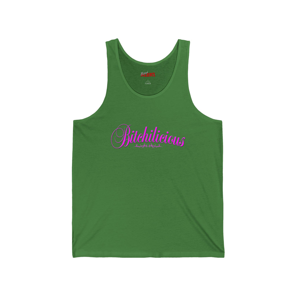 Bitchilicious Script Tank Top — Pink Cursive Graphic Feminine Tee