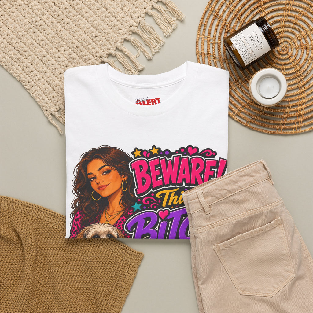 "Beware! This Bitch Bites" Colorful Dog & Woman Graphic Tee